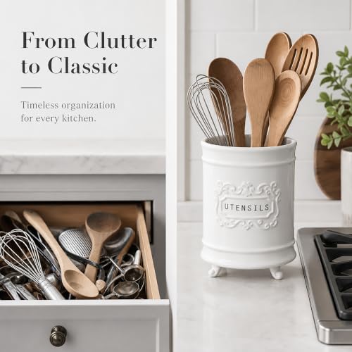 Circa Ceramic Utensil Holder, Kitchen Countertop Crock, White - view 3
