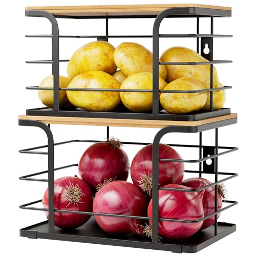 2 Pack Potato and Onion Storage Bin,Stackable Pantry Organizers and Storage with PP Liner and Bamboo Top,Kitchen Storage Organization Counter Basket for Fruits,Produce,Vegetable, Black