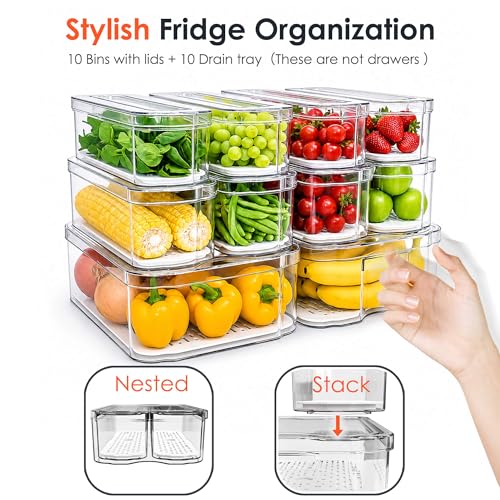10 Pack Clear Fridge Organizer Bins with Drain Trays - Stackable - view 7