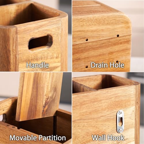 16" Wooden Kitchen Utensil Holder, Extra Large Acacia Wood Organizer for Cooking Tools, Utensils & Cutlery Storage – 4-Compartment Countertop Holder - view 5