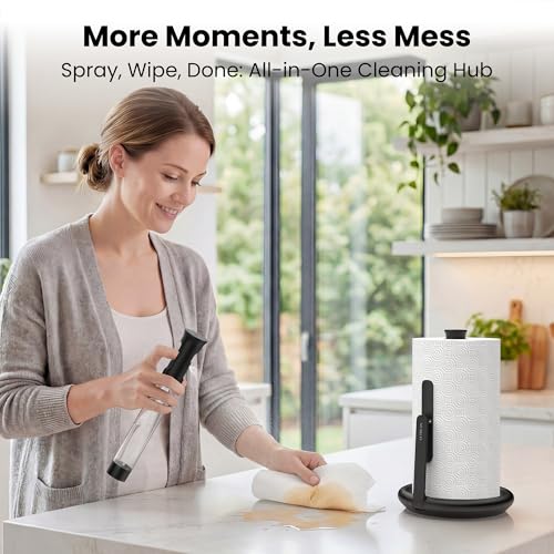 Paper Towel Holder with Spray Bottle, Countertop Freestanding Paper Towel Dispenser with Spring-Loaded Tension Arm for One-Handed Tear, Weighted Base, Stainless Steel for Kitchen, Black - view 3