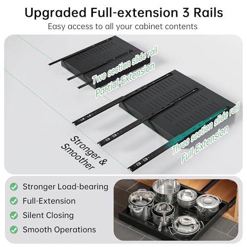 Pull out Cabinet Organizer, 2 pack, 16.5" Deep Heavy Slide out Drawers, Upgraded Full Extension 3-Rail System, Expandable 12.8"-20.8" Roll out Shelf Storage for Kitchen Cabinet Organization - view 2