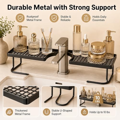 Behind the Faucet Sink Organizer, No-Drill over the bathroom sink shelf Tool-Free Compact Countertop Faucet Organizer Storage Rack Stand Hollowed-Out Bottom Easy Drainage For Kitchen Bathroom (Black) - view 4