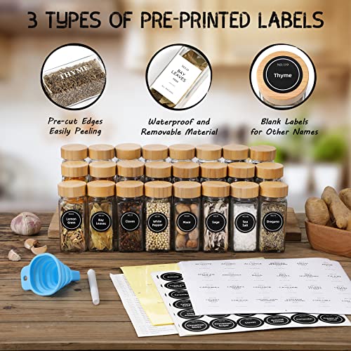 36 Pcs Glass Spice Jars with Bamboo Lids, 4 oz Glass Jars with Minimalist Farmhouse Spice Labels Stickers, Collapsible Funnel, Seasoning Storage Bottles for Spice Rack, Cabinet, Drawer - view 2
