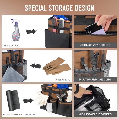 Wearable Cleaning Caddy, Cleaning Caddy Supplies Organizer with Handle & Shoulder Straps for Housekeepers, Under Sink & Car Cleaning Tool Organizers Bag with 4 Foldable Divider (Brown) - view 2