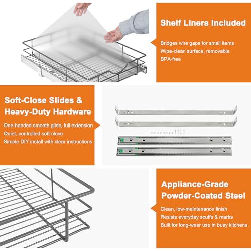 Pull Out Shelves - 20" W x 22" D Soft Close Pull Out Cabinet Organizer 1 Tier - Slide Out Drawers with Shelf Liner, Heavy Duty Steel Wire Baskets for Kitchen Cabinets, Pantry, Bathroom - view 4
