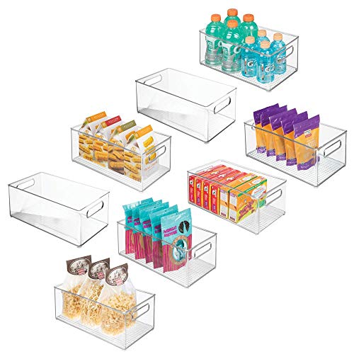 Deep Plastic Kitchen Storage Organizer Container Bin for Pantry, Cabinet, Cupboard, Shelves, Fridge, or Freezer - Holds Dry Goods, Sauces, Condiments, Drinks, Ligne Collection, 8 Pack, Clear