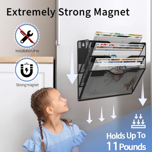3-Tier Magnetic File Holder, No Drilling Installation File Cabinet Organizer, Black Magnetic File Organizer, Magazine Rack, Magnetic Paper Holder for Refrigerator, File Cabinets, Whiteboard - view 3