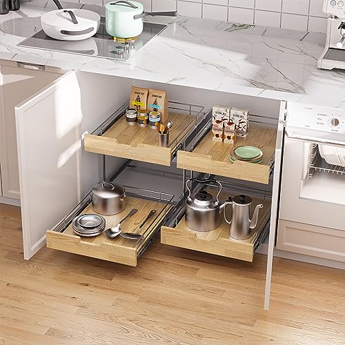 Pull Out Cabinet Organizer,Heavy-Duty Slide Out Shelf, Wood and Wire Basket, Pull Out Drawer for for Kitchen Under Sink Space, Pantry, Bathroom, 2 Tie 14 * 21 in - view 6