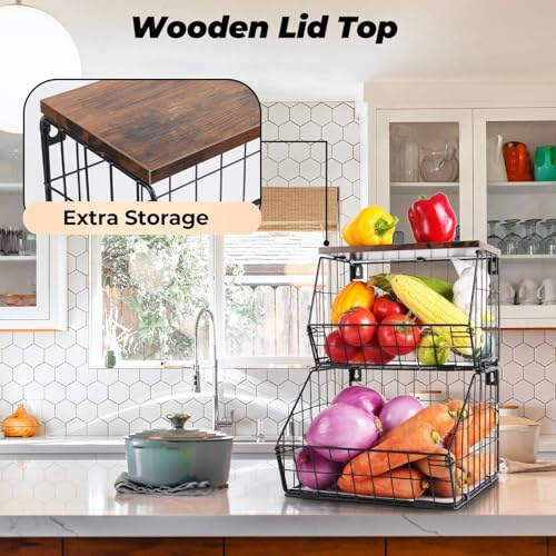 2 Tier Stackable Wall Mounted Hanging Basket, Fruit Basket for Kitchen Counter, Storage Bin with Wood Lid, Onion Storage, Fruit and Vegetable Storage, Countertop Organizer - view 2