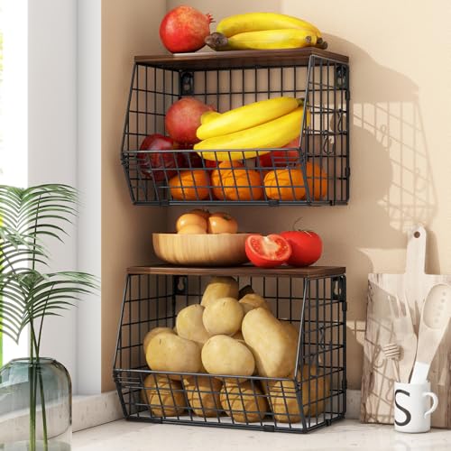 2pcs Fruit Basket Kitchen Storage Basket with Wood Lid