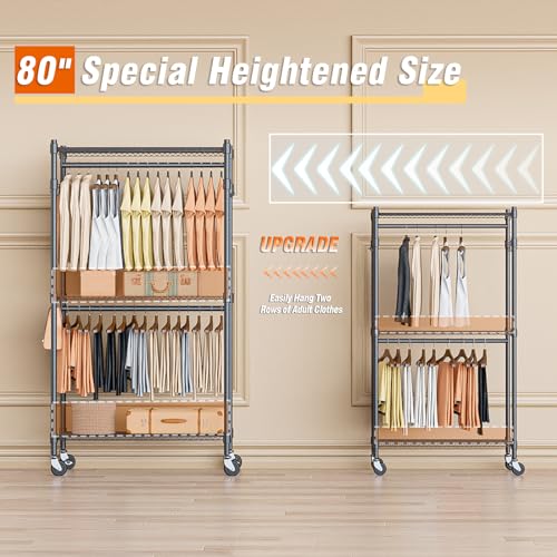 Narrow Rolling Garment Rack with Double Rods and 3 Adjustable Shelves, Compact Portable Closet Organizer for Bedroom, Dorm, Laundry Room, 23.62" W x 16.54" D x 80.71" H, Gray - view 2