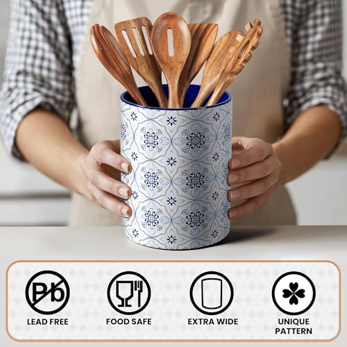 Ceramic Kitchen Utensil Holder for Countertop, Embossed Pattern Crock with Kiln-Fired Finish, Counter Organizer for Cooking Tools,Navy Blue - view 6