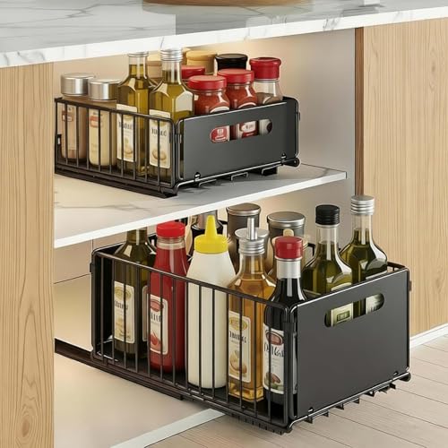 Sliding Pull-Out Cabinet Organizer 9.6"x14.8"x7.5" Black Heavy Duty Carbon Steel Drawer with Adhesive Rails, No Drill Storage Solution for Pantry/Closet - view 2