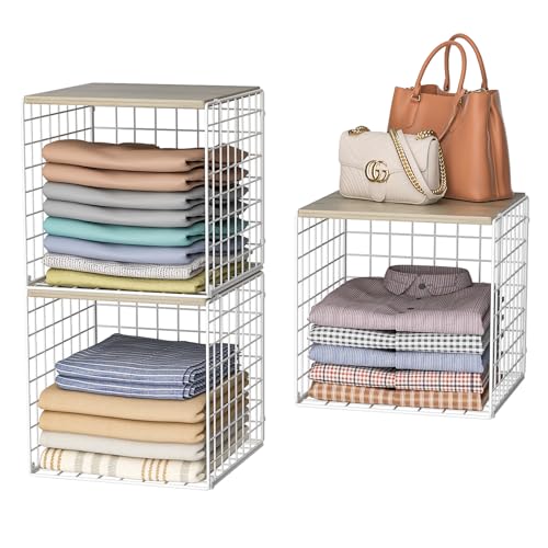 3PCS Stackable Closet Organizers and Storage, Closet Shelves with Wood Top Extra Storage, Clothes Storage Organizer Basket Bin/Cube for Home Wardrobe Organization(White-Sturdy Metal)