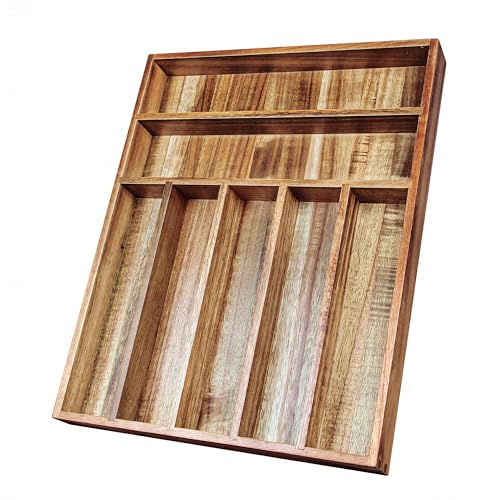 Acacia Wood Silverware Organizer Tray for Drawer, 7 Compartments