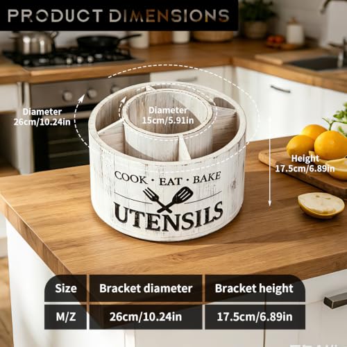 Rotating Utensil Holder for Kitchen Countertop, 360° Lazy Susan Wooden Utensil Organizer with 5 Compartments, Solid Wood Cooking Tool Storage Rack, Farmhouse White Kitchen Decor for Spatulas, Spoons - view 4