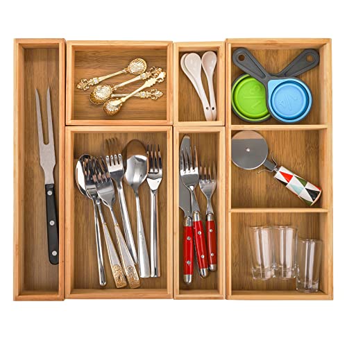 Set of 6 Bamboo Drawer Organizer Storage Box, Adjustable Cutlery Drawer Organizer, Silverware Organizer Multi-Use for Office, Home, Kitchen, Bedroom, Bathroom - view 5