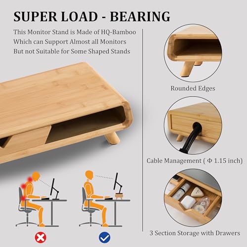 Bamboo Monitor Stand Riser, No Assembly Required Exquisite Monitor Stand with Drawer Ergonomic Height Wood Monitor Stand - view 4