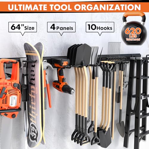 64'' Garage Tool Organizer Wall Mount, 620lbs Heavy Duty Metal Storage Rack | Adjustable Hooks Garden Tool Organization System | Anti-Rust Shed Rack for Hanging Shovel, Rake, Broom, Snowboard - view 5