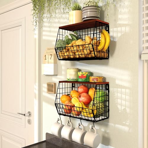 2pcs Fruit Basket Kitchen Storage Basket with Wood Lid - view 5