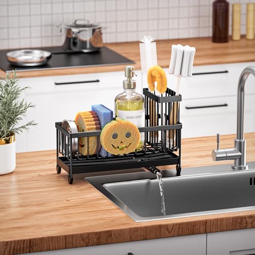 Sponge Holder for Kitchen Sink, Sink Caddy Organizer with High Brush Holder, Kitchen Countertop Organizers and Storage Essentials, Rustproof 304 Stainless Steel (Black with Smiley Face, 9.25″) - view 6