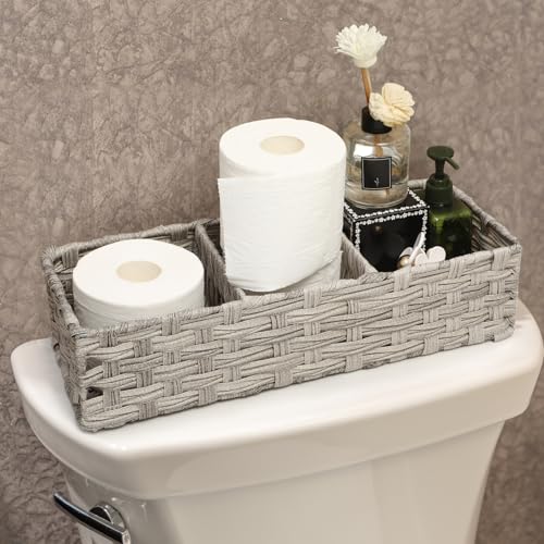 [Larger Compartments] Toilet Tank Topper Paper Basket - Multiuse Hand Woven Plastic Wicker Basket with Divider for Organizing, Rustic Farmhouse Bathroom Decor, Countertop Organizer Storage, Gray Wash - view 5