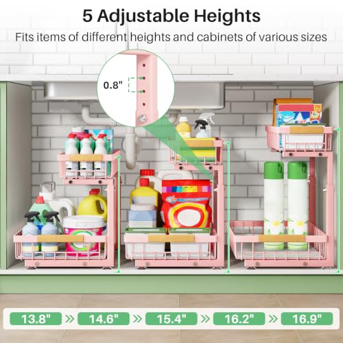 Under Sink Organizer, 2 Tier Under the Sink Storage, Slide out Pull out Cabinet Organizer Shelf, Metal Sliding Drawer for Kitchen Bathroom Pantry Closet Organization Rack, Pink, 2 Pack - view 4