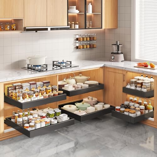 2 Pack Pull Out Cabinet Organizers 21"Deep with Raising Pad for Framed Cabinets,Expandable Slide Out Drawers Upgrade 3 Slide Rails,Roll Out Shelves Adhesive,Adjustable Width 12"-20.45" Black - view 3