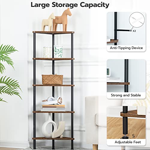 Corner Shelf Stand, Industrial 5-Tier Corner Bookshelf with Metal Frame, Plant Display Shelf, Small Bookcase for Small Spaces, Bedroom, Living Room, Rustic Brown BF33CJ01 - view 5