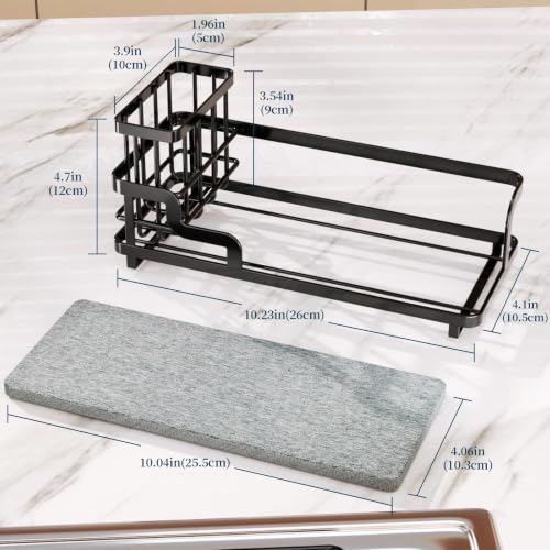 Sponge Holder for Kitchen Sink - Sink Caddy Organizer with Water Absorbing Stone Tray, Detachable Brush Holder, Stainless Steel Kitchen Counter Organizer Rack, Black - view 5