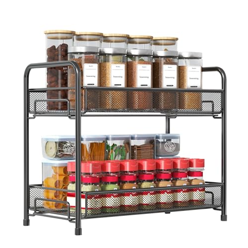 Spice Rack Organizer for Countertop, 2-Tier Foldable Metal Rust-Proof Standing Large Seasoning Storage Shelf with Guardrail and Mesh Design for Kitchen Cabinet Bathroom Living Room Pantry, Black