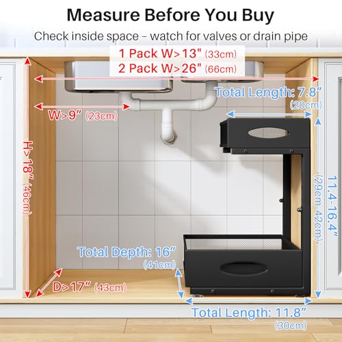 Under Sink Organizer, 2 Pack 2 Tier Pull Out Under Cabinet Organizer Shelf with Pad for Framed Cabinets, Metal Slide Out Under Sink Storage, Mesh Sliding Drawers for Kitchen Bathroom Laundry, Black - view 2