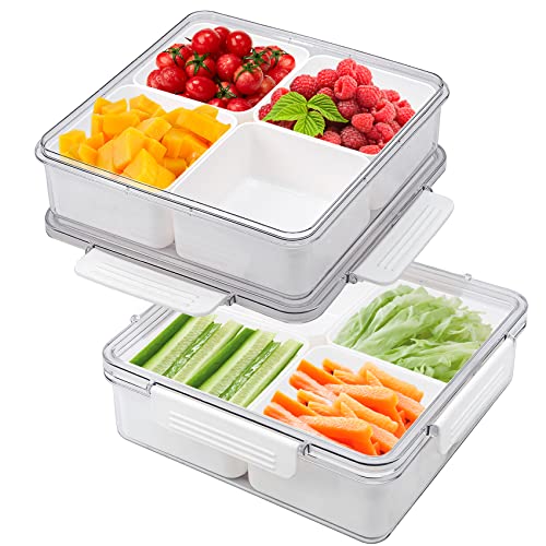 2pack Serving Trays for Party Divided Veggie Tray with Lid Sealed Sectioned Fruit Snack Serving box Vegetable Storage with 4 Compartments Snackle Box Charcuterie Container Fridge Organizer - view 2