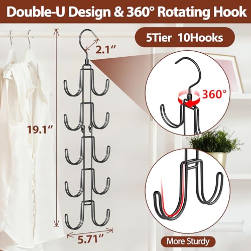 Hat Hangers for Closet, Collapsible Hat Organizer with 10-Hook, Stainless Steel Hat Holder, 360° Rotating Hat Storage Rack for Baseball Caps - view 4