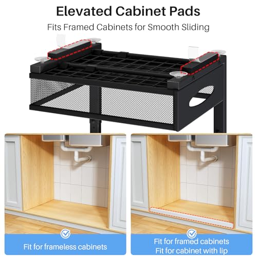 Under Sink Organizer, 2 Pack 2 Tier Pull Out Under Cabinet Organizer Shelf with Pad for Framed Cabinets, Metal Slide Out Under Sink Storage, Mesh Sliding Drawers for Kitchen Bathroom Laundry, Black - view 3
