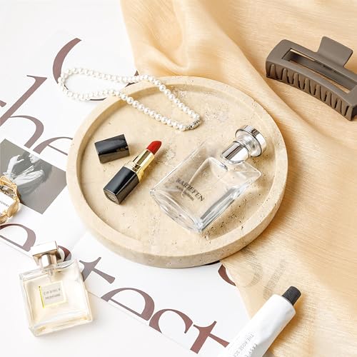 Natural Marble Vanity Tray for Bathroom Kitchen Dresser, Travertine Stone Decorative Trays for Jewelry, Perfume, Cosmetic, Candle, Round Countertop Storage Organizer for Home Decor Beige (WH019) - view 2