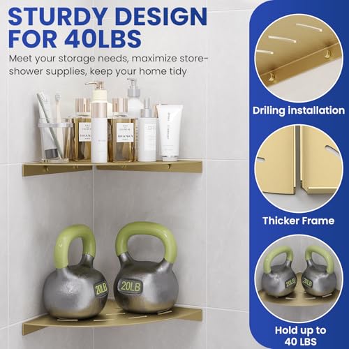2 Pack Corner Shower Shelves Load Capacity 40 lbs 304 Stainless Steel Shower Corner Shelf Will not Rust 8in Shower Shelf for Inside Shower Brushed Gold Drilling Installation - view 5