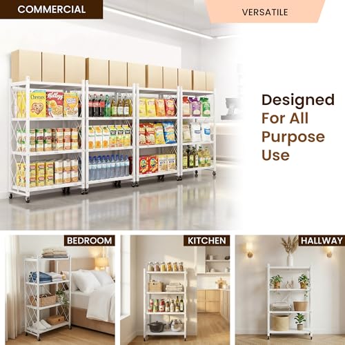 4-Tier Foldable Storage Shelf with Wheels | Metal Rack Collapsible Shelving Display | Rolling Cart for Books Kitchen Storage Shelves | Pantry & Closet Organizer | Office Room Decor - view 5