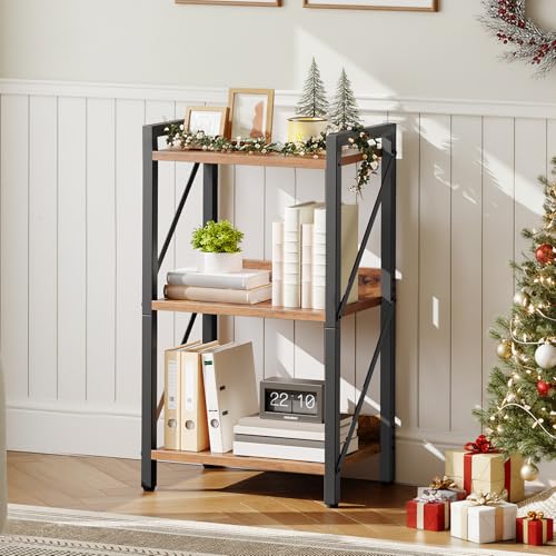 Bookshelf, 3-Tier Industrial Bookcase, Book Shelf Storage Organizer, Small Bookshelf with Metal Frame for Living Room, Bedroom, Home Office, Kitchen, Rustic Brown and Black BF71SJ01 - view 2