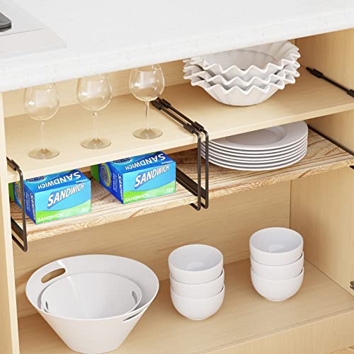 Cabinet Shelf Organizers 2 Pack, Kitchen Counter Organizer Rack Under Shelves Riser, Pantry Cupboard Storage Organization, Metal and Wood, Black and Natural, 16" Wide - view 5