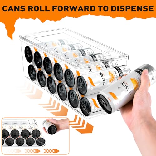 2 Pack Skinny Can Organizer for Refrigerator, Stackable Tall Skinny Soda Pop Can Holder Dispenser with Lid for Fridge Pantry Rack Freezer, Clear Plastic Storage Bins-Holds 12 Slim Cans Each - view 3