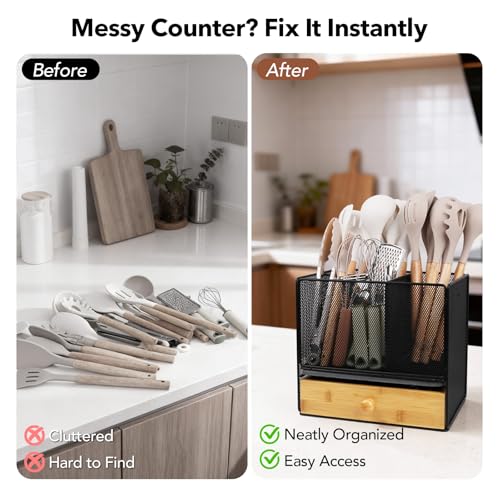 Kitchen Utensil Holder Countertop,Extra Large Utensil Organizer with Drawer - view 3