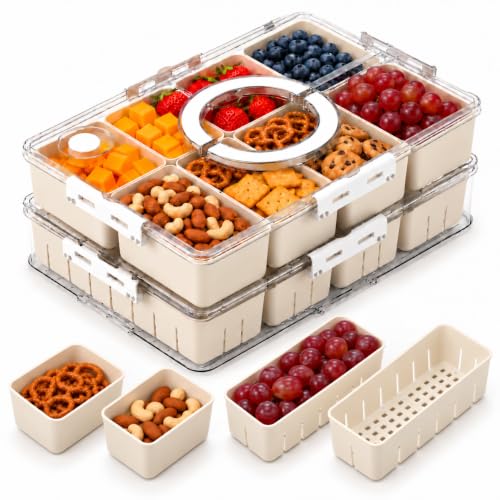 2 Pack Snack Box Container with 8 PP Compartments & 4 Draining Grids, Food Storage Tray with Lid & Handle, Dishwasher Safe, Portable Organizer for Picnic, Travel, Party