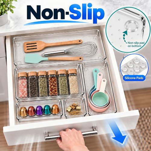 10 Pack Clear Drawer Organizer, 5 Sizes, Non-Slip Storage Trays - view 4