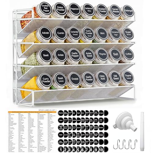 Spice Rack Organizer for Cabinet with 28 Spice Jars, 386 Spice Labels, Magnetic Spice Rack for Refrigerator, Seasoning Organizer for Countertop, Kitchen, Pantry — 13.2" W x 9.8" H, White