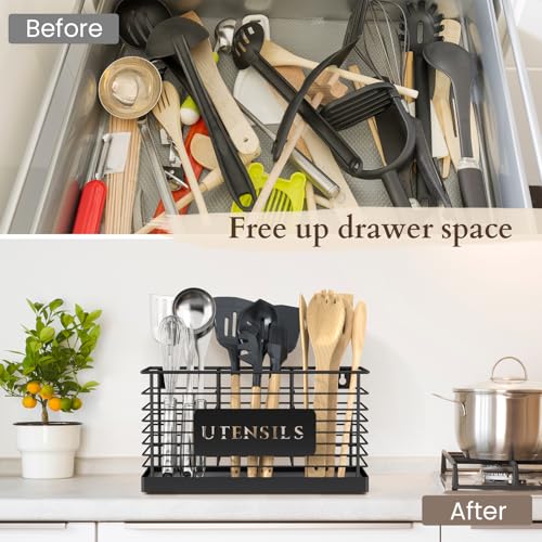 Utensil Holder for Kitchen Counter with Diatomaceous Earth Base, Large Black Metal Cooking Tool Organizer with 3 Compartments, Countertop Utensil Holder for Spatula and Kitchen Utensils - view 2
