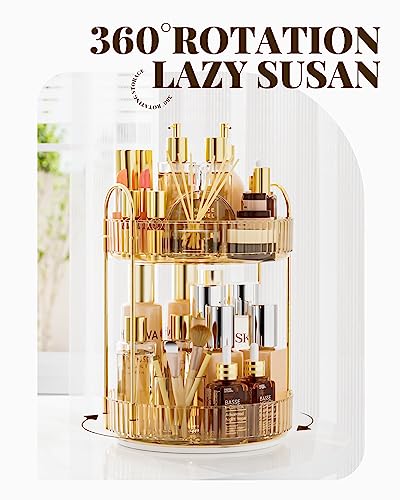 Bathroom Organizer Countertop, Rotating Makeup Organizer for Vanity, 2-Tier Make Up Organizers and Storage, Vanity Tray Shelf for Cosmetic, Skin Care, Lotions (Champagne Gold) - view 2