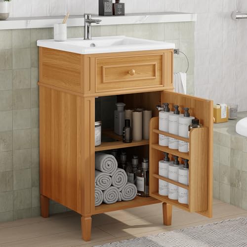 20-inch Bathroom Vanity with Sink Combo, Free-Standing Single Bathroom Storage Cabinet with Tilt-Out Drawer, Adjustable Shelf & Storage Rack, Wood Vanity with Ceramic Basin for Bathroom (Wood)