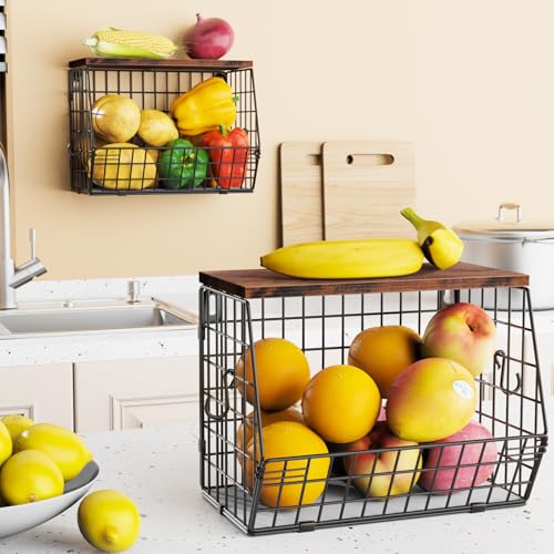 2pcs Fruit Basket Kitchen Storage Basket with Wood Lid - view 3
